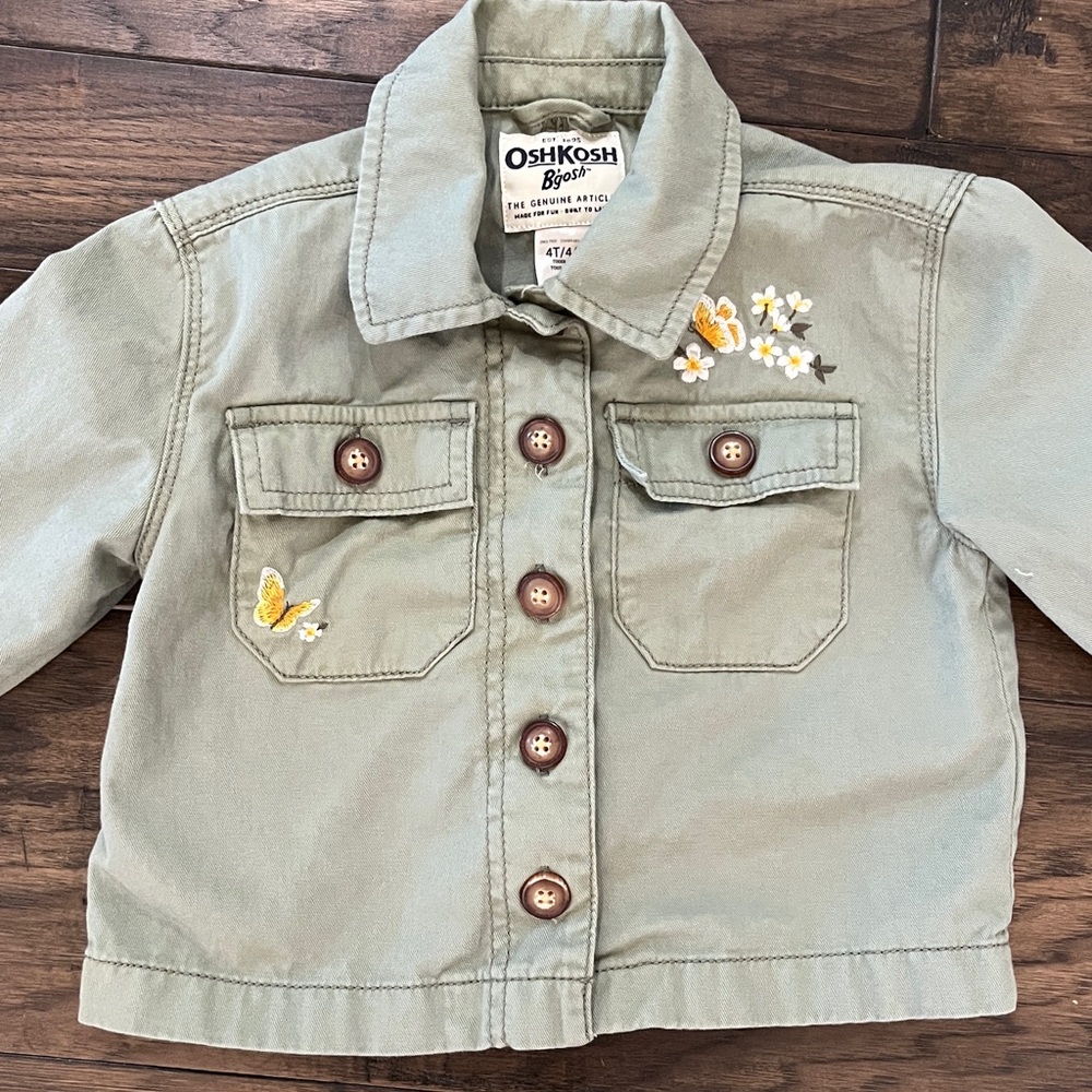 OshKosh B'gosh Sage Green Twill Jacket with Butterfly Embroidery